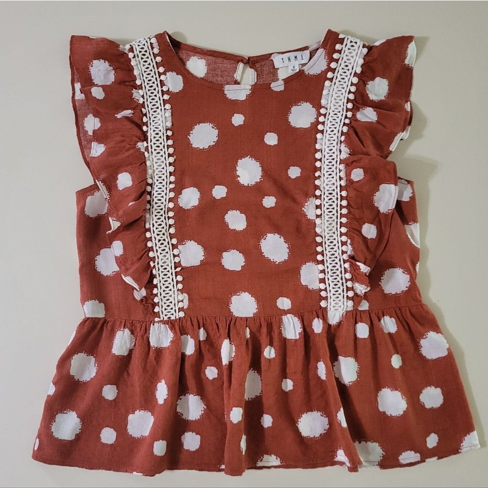 THML Women's Boho Rust and White Polka Dot Sleeveless Ruffle Peplum Blouse